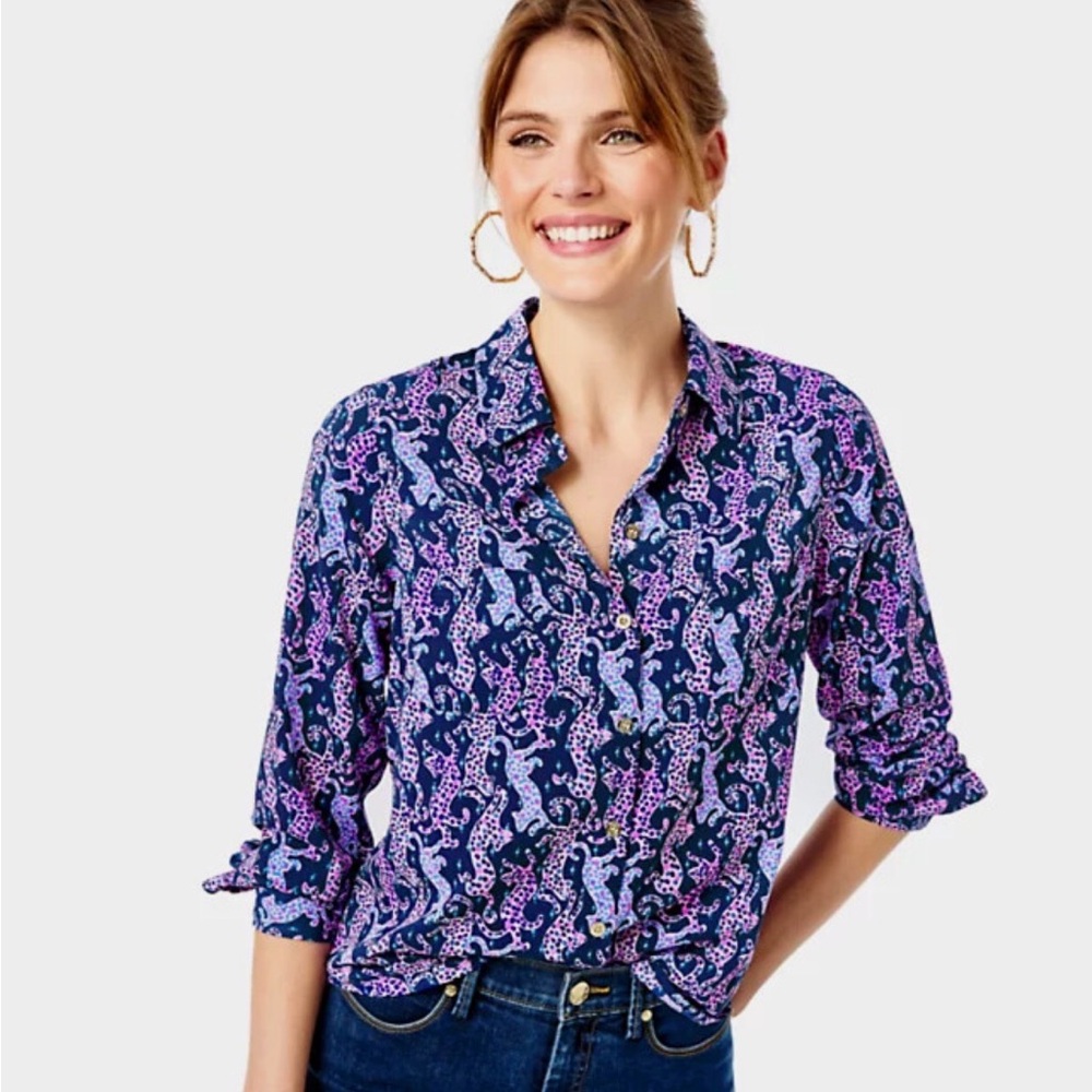 Lilly Pulitzer SEA VIEW BUTTON DOWN TOP Shirt Oyster Bay Navy On Pink M